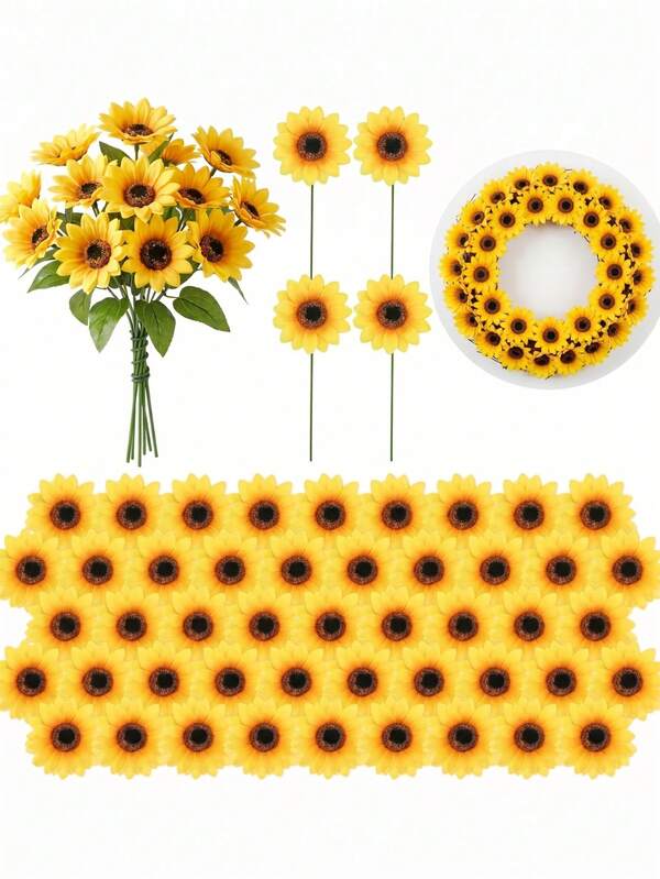 MEHELANY 12/5pcs Artificial Sunflower Heads, Realistic Yellow Sunflower Flowers With Stems, Suitable For Home Decor, Wedding, Party, Autumn Thanksgiving DIY Floral Decoration, DIY Wreath Making, Home Vase Decoration, Wedding Tabletop, Party, Halloween Autumn Thanksgiving Craft Supplies