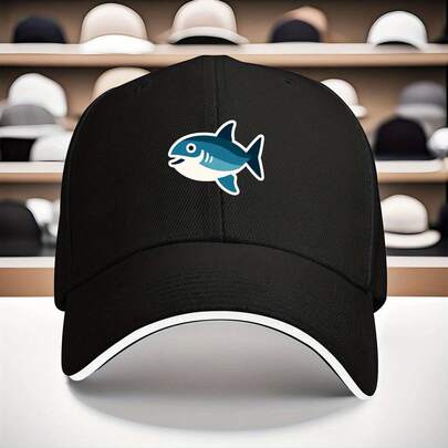 1pc Women'S & Men'S Adjustable Baseball Cap - Blue Shark & Ocean Life Design, Breathable% Polyester, Black With Brim & Shark Print