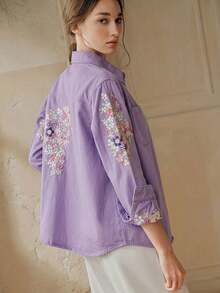 Camisa de manga larga azul con bordado floral grande elegante y romántica para mujer, moda primavera/verano, para fiesta de San Valentín y vacaciones, con jeans - Azul 2 - Ver 10