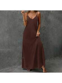 Women's Long Dress 2026, V-Neck, Sleeveless, Solid Color, Simple, Casual And Elegant. - Brown - View 7