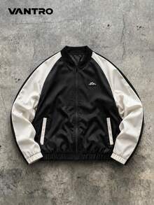 American Retro Minimalist Men's Full Zip Ribbed Cuff Aviator Jacket, Black And White Contrast Color Mountain Logo Detail Flight Jacket - Black - View 2