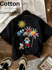 Spring/Summer 2026 Ultra Wide Long Top, Women's 100% Cotton T-Shirt, Funny Frog + Sun + Palm Print, Personalized, Solid Color, Crew Neck, Short Sleeve, Casual, - Black - View 1
