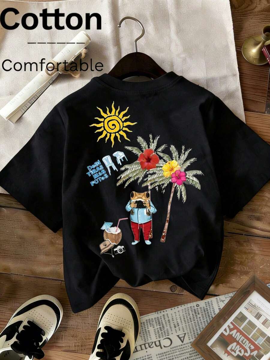 Spring/Summer 2026 Ultra Wide Long Top, Women's 100% Cotton T-Shirt, Funny Frog + Sun + Palm Print, Personalized, Solid Color, Crew Neck, Short Sleeve, Casual, - Black - View 1