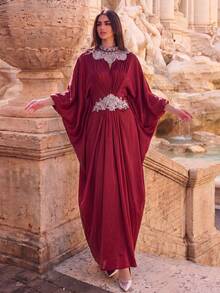 Faeriesty Hochwertiges Abendkleid, Stehkragen Fledermausärmel Design, luxuriöses Bankett-Kleid, geeignet als Hochzeitsgast-Outfit für Partys - Bordeaux - Übersicht 1