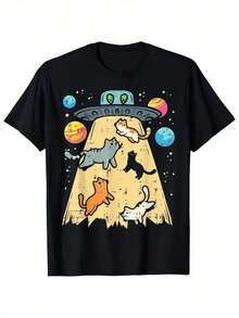 Interesting Alien Spacecraft UFO For Cats T Shirt |   Black Sci-Fi Cat Pattern T Shirt,Soft And Breathable Round Neck T Shirt,Unisex - Cat Lover,Birthday,The Perfect Gift For Christmas - Casual Wear,Fun Clothing,Unique Print - Black - View 1