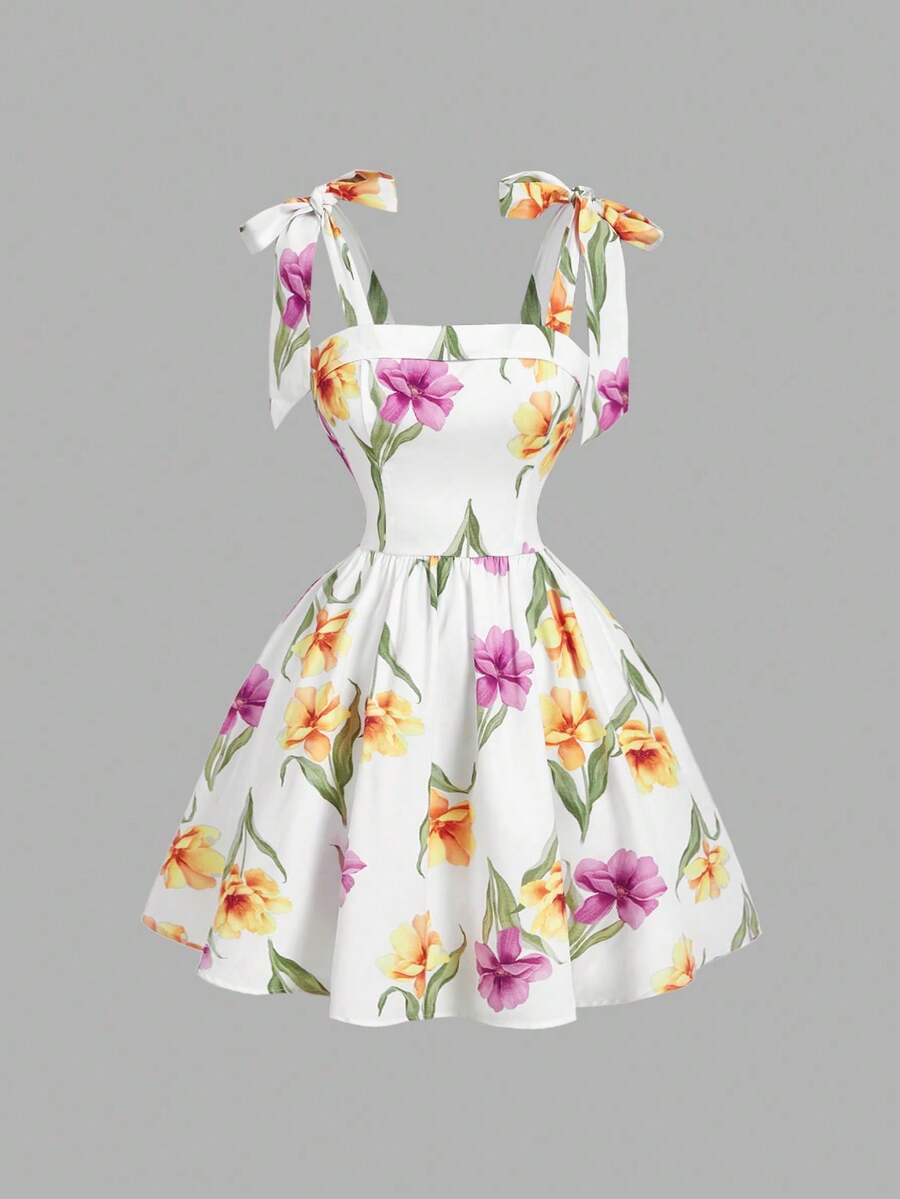 5QNV MOD Vestido romántico con estampado floral para mujer, vestido para el Día de San Valentín, vestido de primavera, atuendo para vacaciones, vestido para citas, atuendo para concier - Multicolor - Ver 1