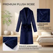 1 pieza Bata de baño de franela gruesa de moda para mujer, con bolsillos, lazo, cuello doblado, suave y cómoda, para relajación corporal, adecuada para ropa de dormir y lencería de mujer de talla grande - Azul Marino - Ver 10
