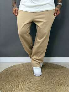 Men's Oversized Baggy Straight Leg Sweatpants With Fleece Lining - Beige - View 6