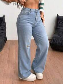 Light Blue Washed Straight-Leg Denim Trousers With Rips, Mid-Rise Waist, Elasticated And With An Elegant Drape - Dusty Blue - View 4