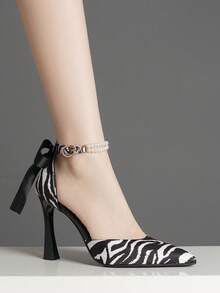 Spring New Fashion Bow Black Burgundy High Heel Chunky Heel Pointed Toe French Low Vamp Versatile Pumps For Women Party Wedding - Zebra Black and White - View 4