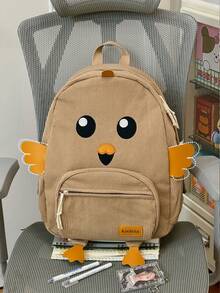 2025 New High Cost-Performance Student Backpack, Minimalist Large Capacity Corduroy Duck Pattern Middle School Schoolbag - Khaki - View 4
