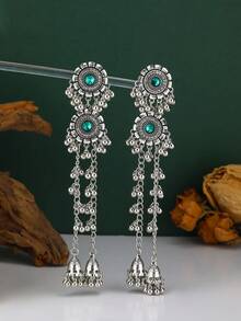Bohemian Style Long Bell Tassel Pendant Earrings, Vintage Silver Rhinestone Floral Jhumka Earrings For Evening Party Wear - Tassel Style - View 14