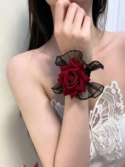 Puños de encaje con rosas, guantes sin dedos estilo gótico lolita con rosas, adecuados para fiestas, Halloween y diversas festividades