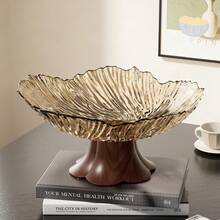 Modern Wavy Petal Shaped Fruit Bowl With Stable Faux Wood Base, Large Capacity Decorative Serving Tray For Fruits, Snacks, Candy, Elegant Accent For Kitchen Countertop And Dining Table, Multiple Colors Available, Material And Easy To Clean - View 3