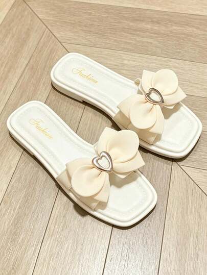 Elegant Bow Lace Pearl Bridal Sandals Women Fashion Outdoor Wear Korean Style Flat Soft Sole Slides