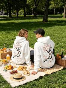 One-Piece Sporty Casual Hoodie With Cherry Blossom Print, Loose Drop-Shoulder Design, Unisex And Couple's Hoodie. - 白色 - 查看 2