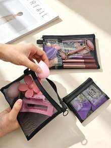 1pc Transparent Mesh Cosmetic Storage Bag, Can Store Lipstick, Brushes, Skincare, Phone, Coins, Small Items, Suitable For Home, Gift, Vacation, Holiday, Halloween, Christmas And Other Multi-Functional Uses.,Back To School - View 4
