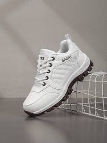 Damen Mode Sportschuhe mit dicker Sohle, atmungsaktive Schnür-Laufschuhe, dicke Sohle Outdoor Freizeitsportschuhe - Weiss - Übersicht 1