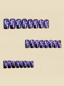 24pcs French Purple Floral Y2K Medium Length Press-On Nails, Easy To Apply, Long Lasting, Gentle On Natural Nails, Reusable False Nails - Multicolor - View 3