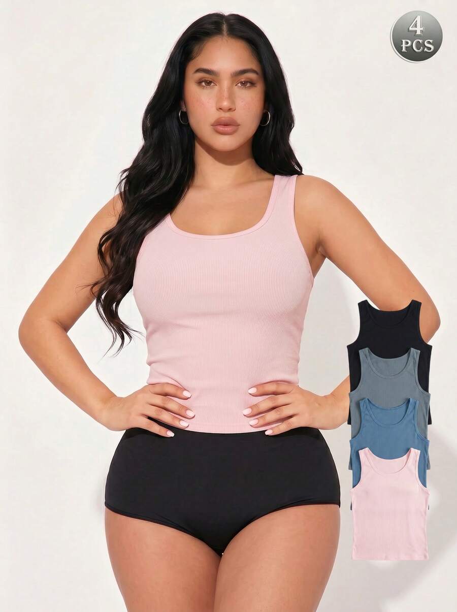 4pcs/Set Cheap Summer Women Camisole Slips, Sexy Seamless Camisole Tops, Sleeveless Fitted Undershirts For Layering - Multicolor - View 1