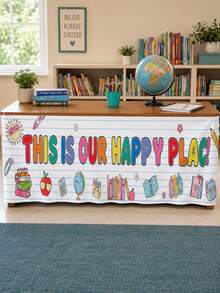 1 pieza - Falda de mesa de aula Happy Place, decoración de mesa colorida de vuelta a la escuela, cubierta elástica de poliéster de spandex para escritorio de profesor, centro de biblioteca y fiesta de bienvenida - Multicolor - Ver 9