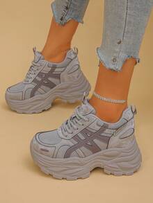 Women's Wedge Heel Thick Sole Sneakers Geometric Pattern Casual Letter Casual Sporty Style Spring Autumn - Grey - View 3