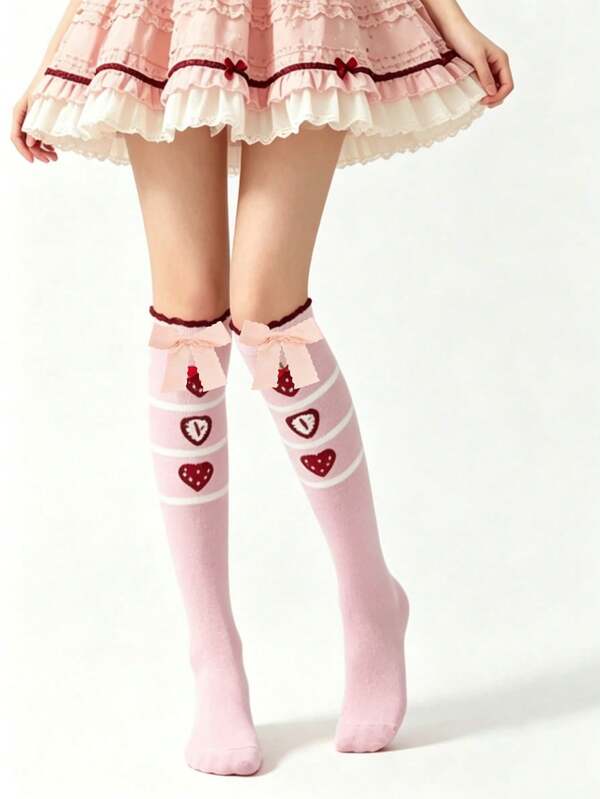 1 Par de Meias de Morango Rosa Fofo Doce Lolita Soft Girl com Laço Duplo