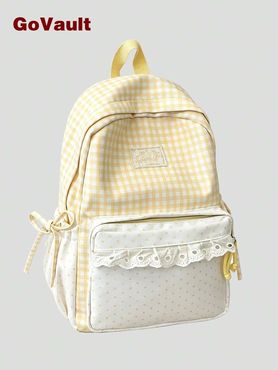 Gingham Spliced Mini Polka Dot Backpack With Lace Ruffle Trim And Side Bow, Lightweight College Student Backpack For Daily Commute & Back-To-School - Multicolor - View 1