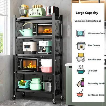 Industrial Black Diamond Grid Foldable Display Shelf With Casters, 160cm Tall 5-Tier Wheeled Storage Organizer, Decor Freestanding Rack For Modern Kitchen Pantry Living Room Decor