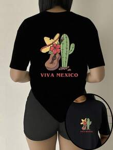 Camiseta de talla grande para mujer con un toque mexicano, con estampado de guitarra a doble cara, perfecta para uso casual de verano - Negro - Ver 1