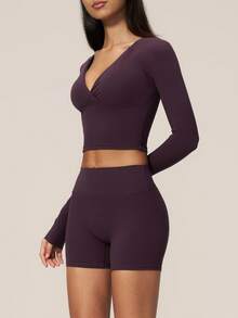 TimeOff Women's One Set Solid Color Criss-Cross Deep V-Neck Cropped Waist Long Sleeve Slim Fit Shorts Sports Set - Purple - View 8
