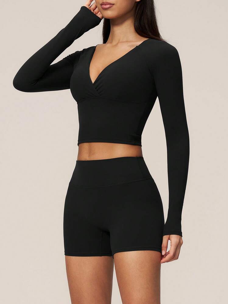 TimeOff Women's One Set Solid Color Criss-Cross Deep V-Neck Cropped Waist Long Sleeve Fitted Shorts Sports Set - Black - View 8