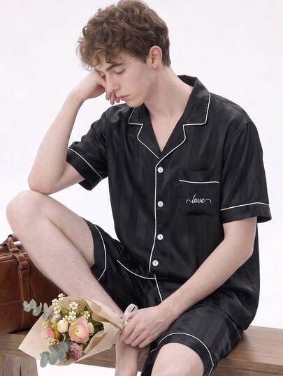 Men's 2-Piece Black Striped Short Sleeve & Shorts Pajama Set, Satin Simple Casual Comfortable Sleepwear, Fashionable Lapel Loungewear Suitable For Outdoor Wear