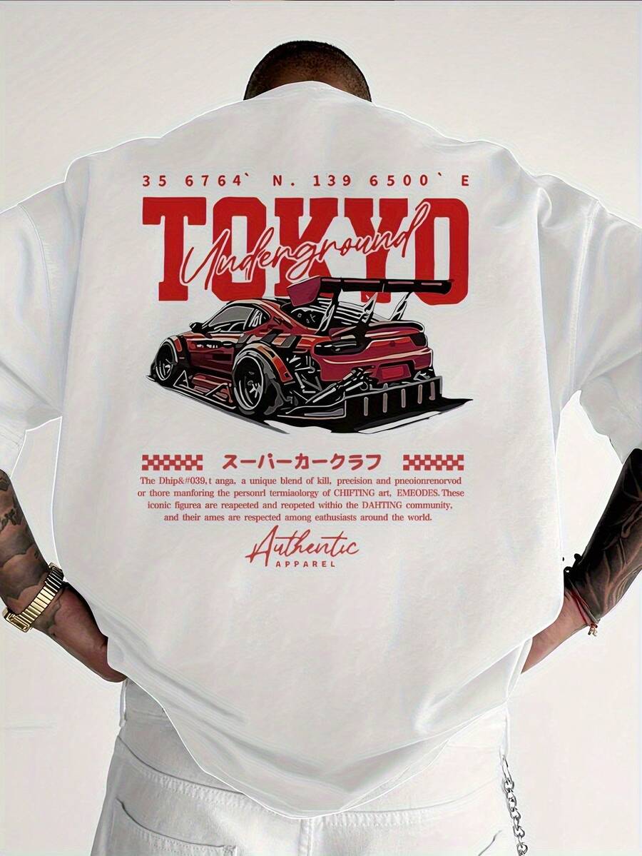 Men's Racing Car Graphic Back Print - Black With Red Japanese Text - Lightweight Summer Shirt - Machine Washable Casual Automotive Tee - 白色 - 查看 1