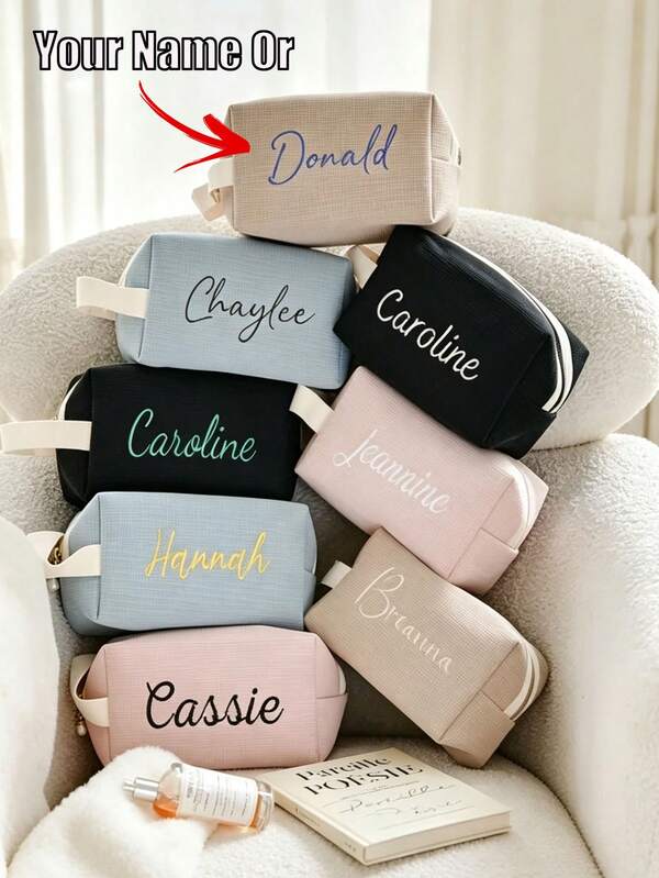 1pc Personalized Embroidered Plaid Makeup Bag, Personalized Makeup Bag, Letter Embroidered Makeup Bag, Jewelry Storage Bag, Bridesmaid Gift, Travel Makeup Bag