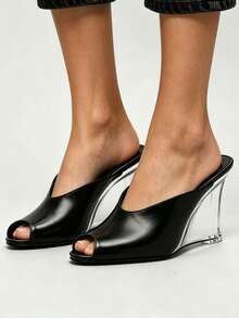Black Matte Leather Peep-Toe Mule Transparent Crystal Wedge High Heel Sandals - Black - View 6