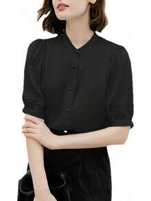 Blusa de manga corta con cuello alto y seda para mujer con pliegues y botones para oficina - Negro - - Ver 8
