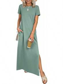 ANRABESS - Vestido largo casual de verano para mujer, manga corta, cuello redondo, dividido, sin arrugas, para viajes, playa, día festivo - Verde bosque - Ver 16