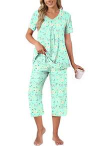 Anyally - Conjunto de pijama de verano para mujer, camisa de manga corta y pantalones capri de 2 piezas, pijama plisado con bolsillos - Oso gris blanco plisado - Ver 35