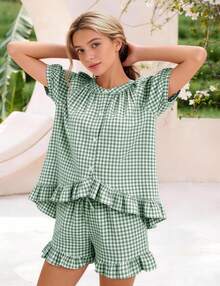 Flygo - Conjunto de pijama de cuadros para mujer, 2 piezas, de algodón, manga abombada, con volantes, conjunto de pijama de verano - Sandía - Ver 4