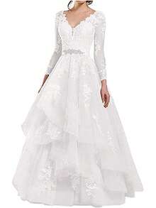 Tsbridal Vestidos de novia para mujer, línea A, cuello en V, encaje de tul sin espalda, vestido de novia bohemio - Estilo 6-Champán - Ver 1