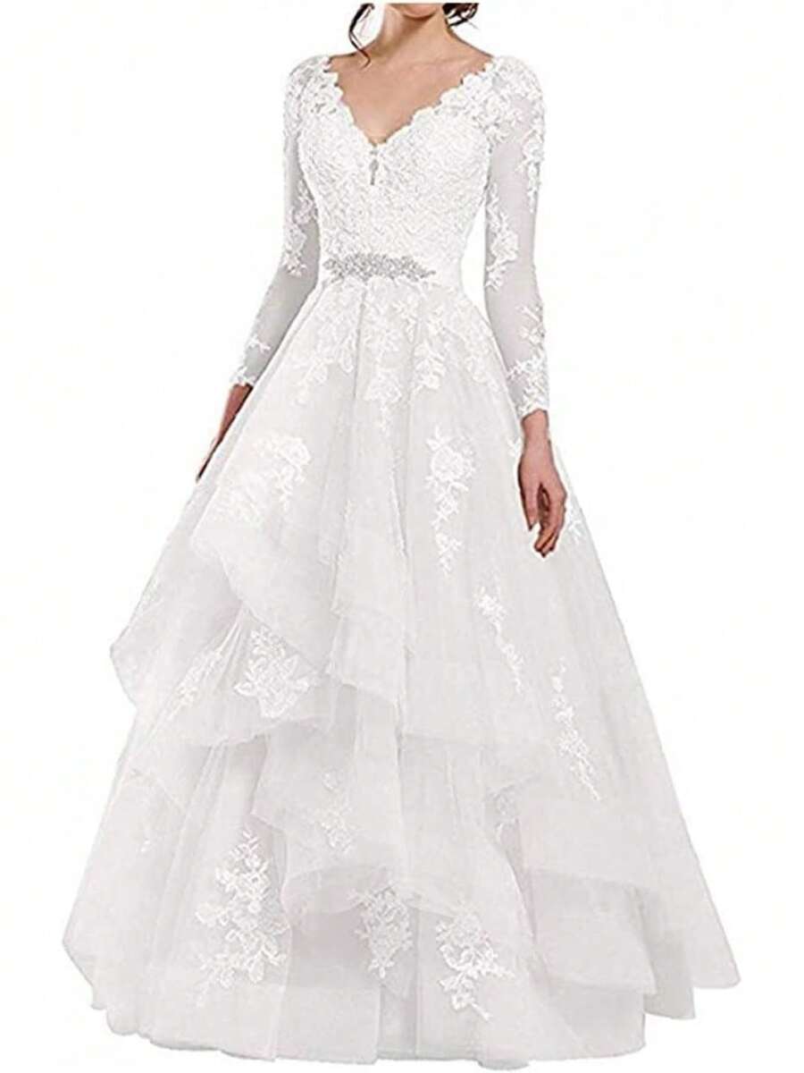 Tsbridal Vestidos de novia para mujer, línea A, cuello en V, encaje de tul sin espalda, vestido de novia bohemio - Estilo 6-Champán - Ver 1