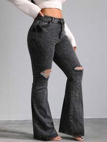 Floor-Length, High-Waisted Flare Trousers With One-Sided Rips At The Knees, High Elasticity, Fitted, Available In Multiple Shades, Retro Flowy Drape - Dark Grey - View 3