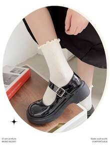 1/5/6/10/15 Pairs Pure White Striped Ruffle Mid-Calf Socks, Suitable For Home, Travel, Vacation And Autumn/Winter Seasons - White - View 4