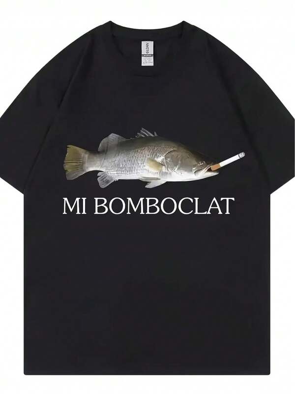 Camiseta masculina com estampa divertida de peixes, estilo vintage Harajuku, manga curta, blusa preta casual e folgada, estampa exclusiva, moderna e versátil.