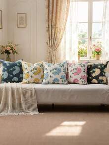 1pc Navy Blue Hydrangea Floral Decor Vintage Floral Woodblock Print Pillowcase, Suitable For Summer Autumn Outdoor Farmhouse Style Sofa Bed Cushion Decorative Pillowcase, Dorm Bedroom Home Living Room Decor, Thanksgiving Halloween Gift - Beige - View 5