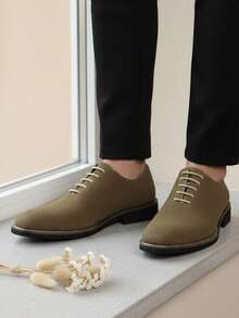 QRLQRL 1 Pair Men's Square Toe Lace-Up Shoes, Made Of PU Upper And Rubber Sole, Comfortable And Suitable For Daily Casual And Business Formal Wear - Olive Green - View 4
