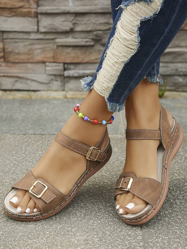 Wide Fit Women's Brown Wide Fit Wide Last Wedge Platform Sandals, Single Strap Buckle Lightweight Comfy Slides, Vacation Style Summer Outdoor Daily Wa