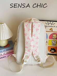 Fashionable Pink Fabric Backpack With Multiple Pockets And Large Capacity, Decorated With Bow Pattern, And Equipped With Adjustable Shoulder Straps. Suitable For Students, Travelers, Office Workers, Teachers, Commuters, Vacationers, Short Trips And Weekend Outings. - Pink - View 3