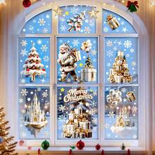 Set Of 7 Christmas-Themed Round Window Decals Featuring A White Santa Claus, Snow Fort, Snowman, Snowflakes, And Christmas Tree. Suitable For Smooth Surfaces; Perfect For Decorating Shop Windows And Interior Windows. Merry Christmas! - View 2